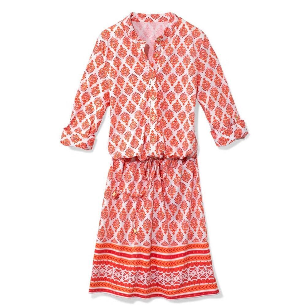 Cabana Life Drawstring Waist Dress Roll Tab Sleeve Button White Orange UPF50+ XS